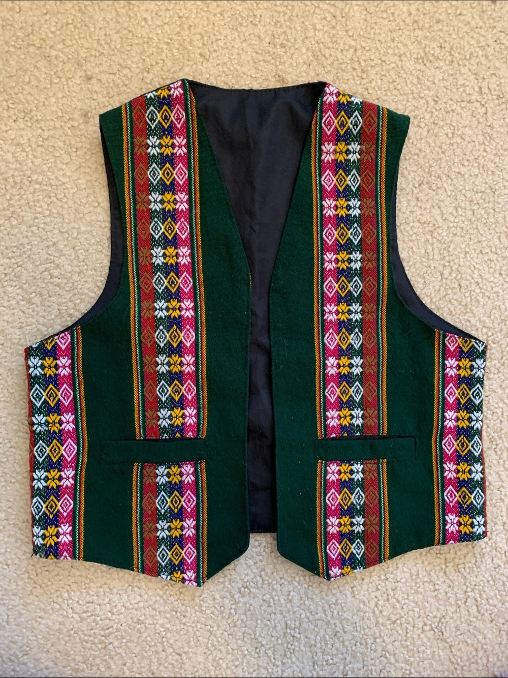 Authentic Bolivian Native Vest Boys Size Large 10-12 Green Open Front